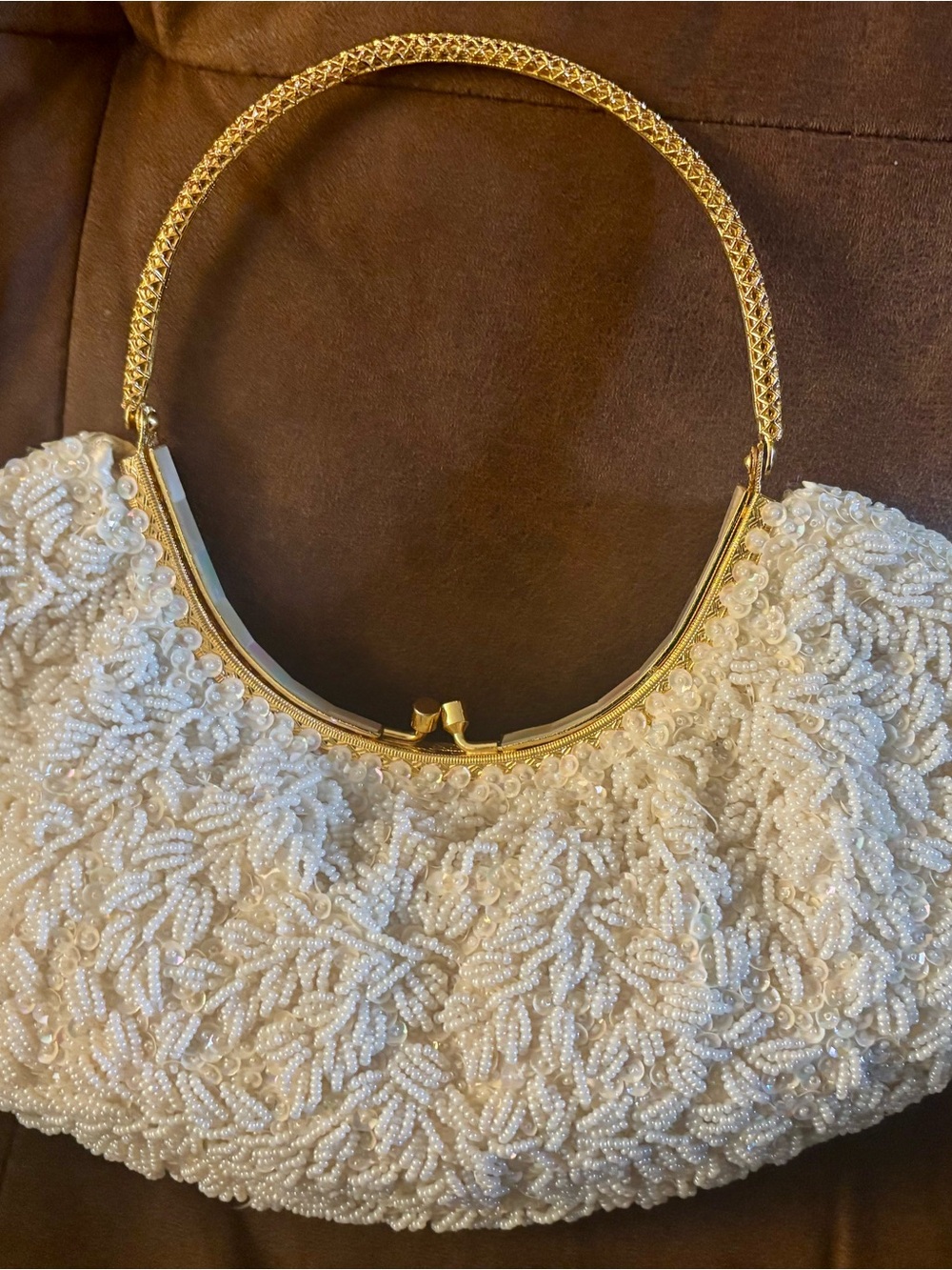 White Beaded Evening Clutch with Gold Frame